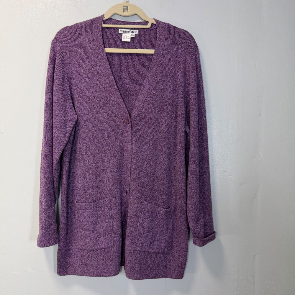 WinterSilks Purple Silk Cotton Knit Longline Cardigan Sweater XL Cozy